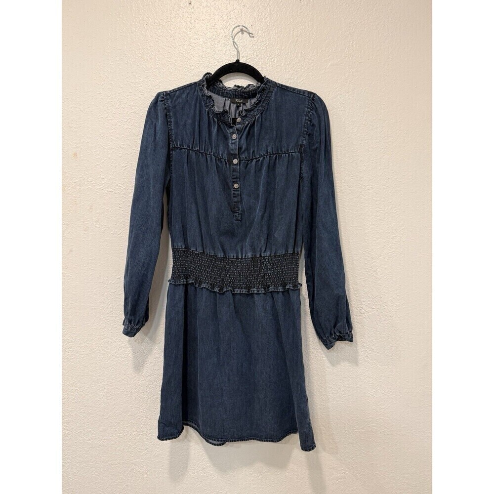 Rails Amina Smocked Flutter Sleeve Chambray Mini Dress Dark Vintage Flouncy Sz S - Picture 2 of 8